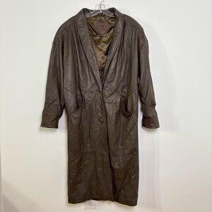 Vintage 90s Y2K Brown Genuine Leather Long Coat Jacket Minimalist Grunge Korea M